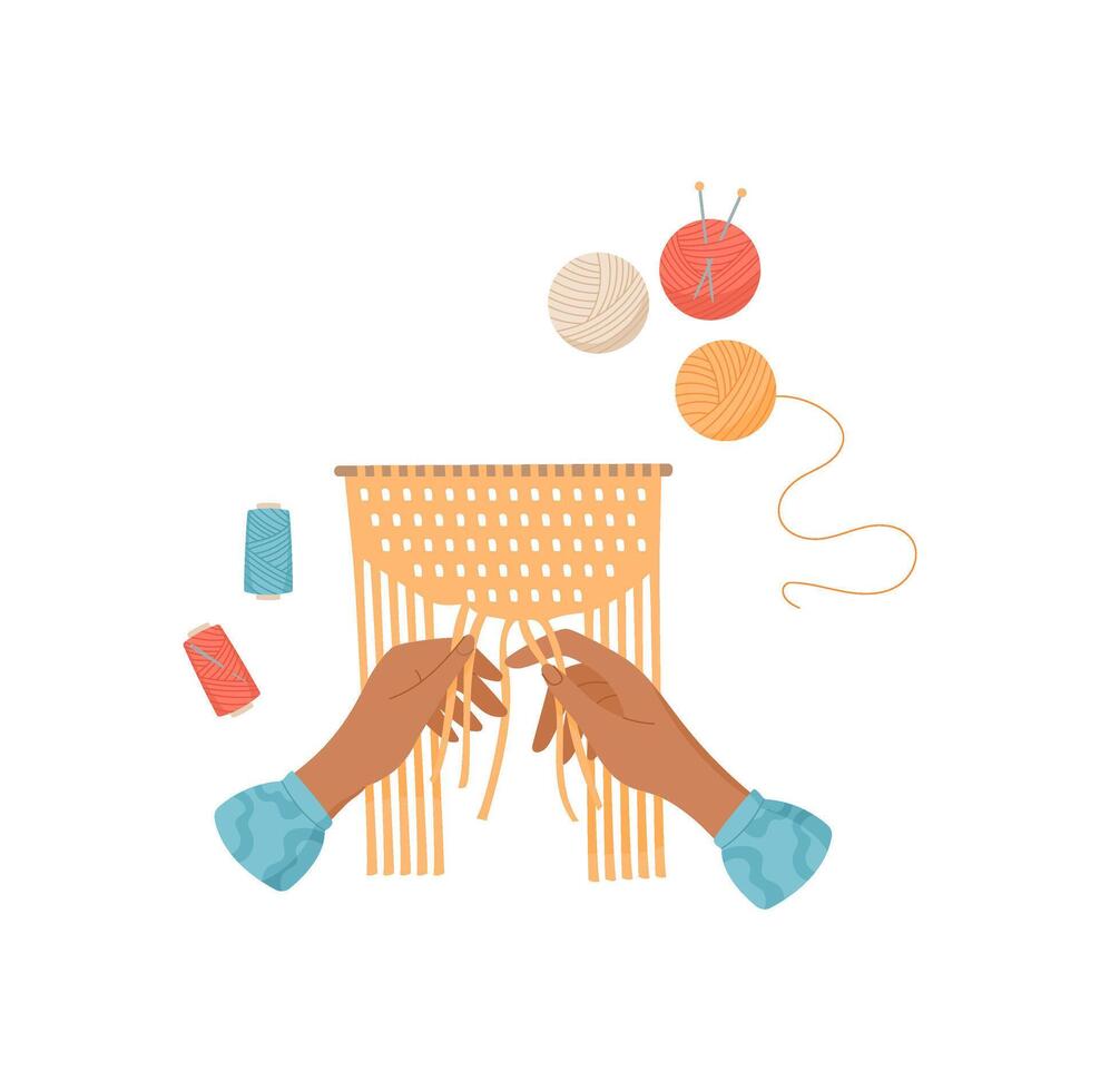 Hands create craft using yarn and tools for macrame and sewing. Engaging in creative activity with a flat style. Suitable for DIY projects, workshops, or educational purposes. vector