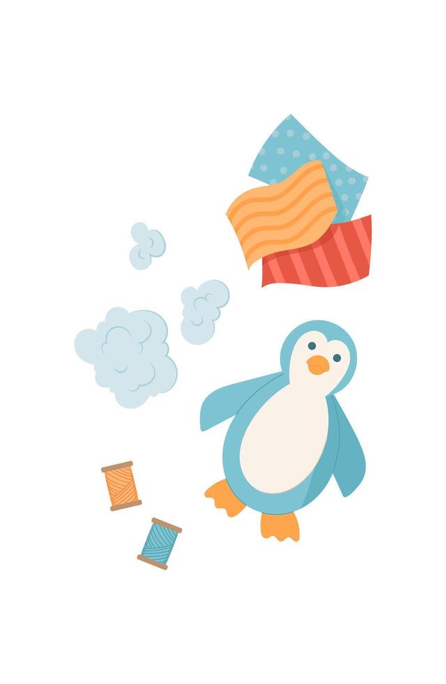 Cute penguin character surrounded by colorful fabric and sewing supplies. Fun DIY activity for children and craft enthusiasts. Concept of crafting creative exploration in a flat style. vector