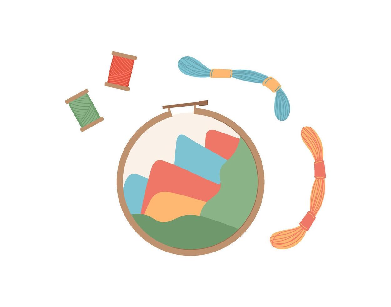 Flat illustration of sewing and embroidery craft kit with colorful yarn and thread. Cute DIY activity for children adults. Concept of handmade crafts, creative hobbies, fun projects. vector