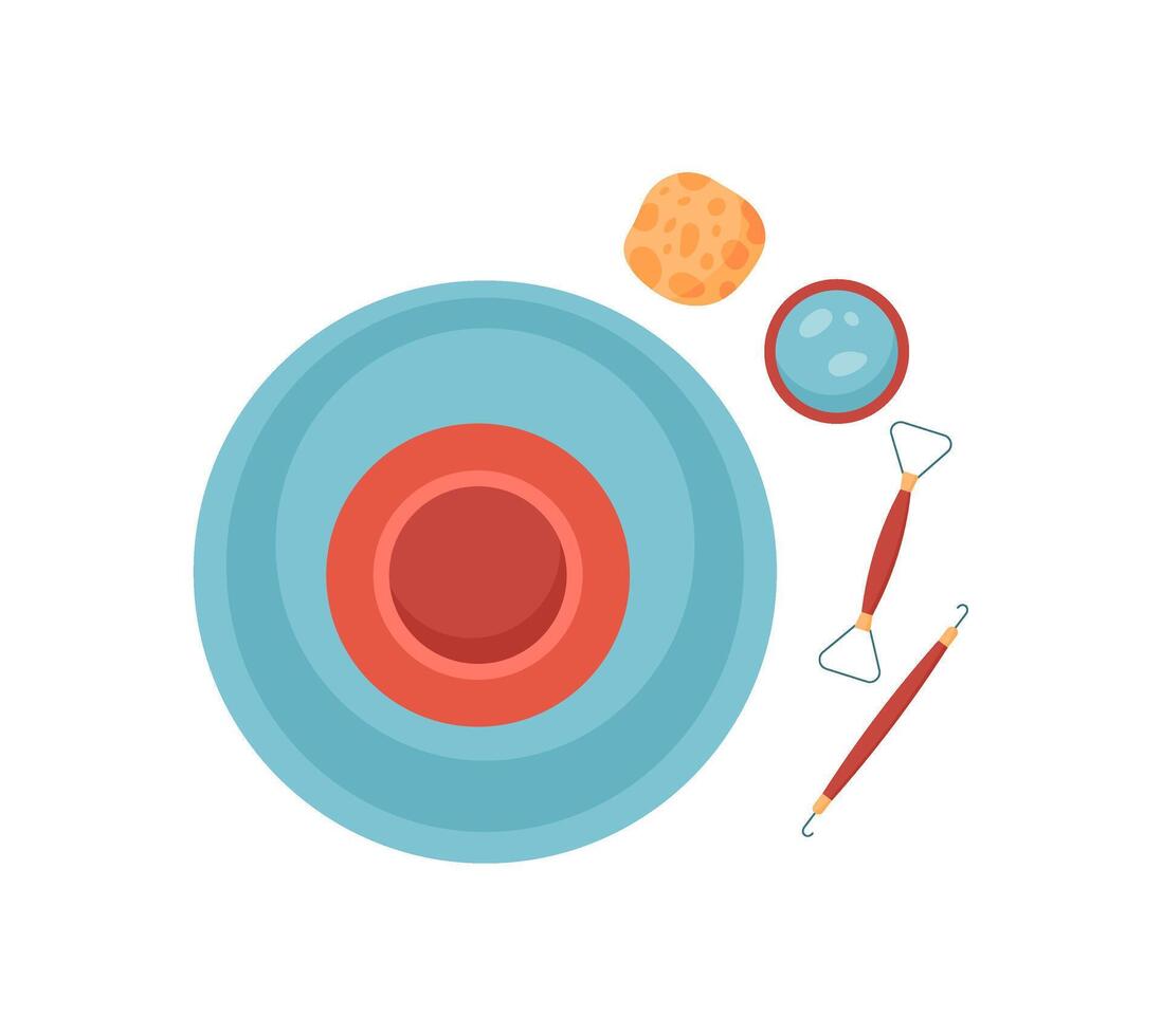 Flat illustration of handmade pottery bowl with crafting tools and equipment on a desk. Creative activity workshop environment, concept of DIY and craft work for hobbyists children. vector
