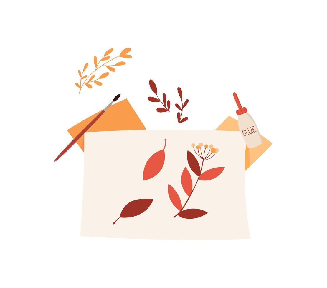 DIY craft activity with glue, paper, and leaves on a desk. Cute character holding a brush, creating flat illustration. Concept of creative hands activities for children and school workshops. vector