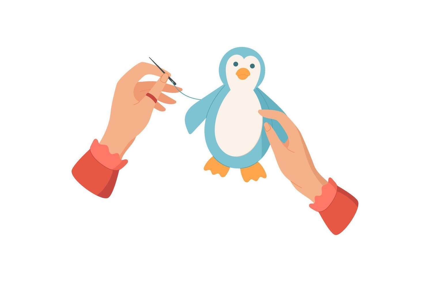 Hands sewing a cute penguin toy with needle and thread. DIY activity for children in craft workshop or class. Concept of creative hobbies, handmade art, and engaging activities for kids. vector