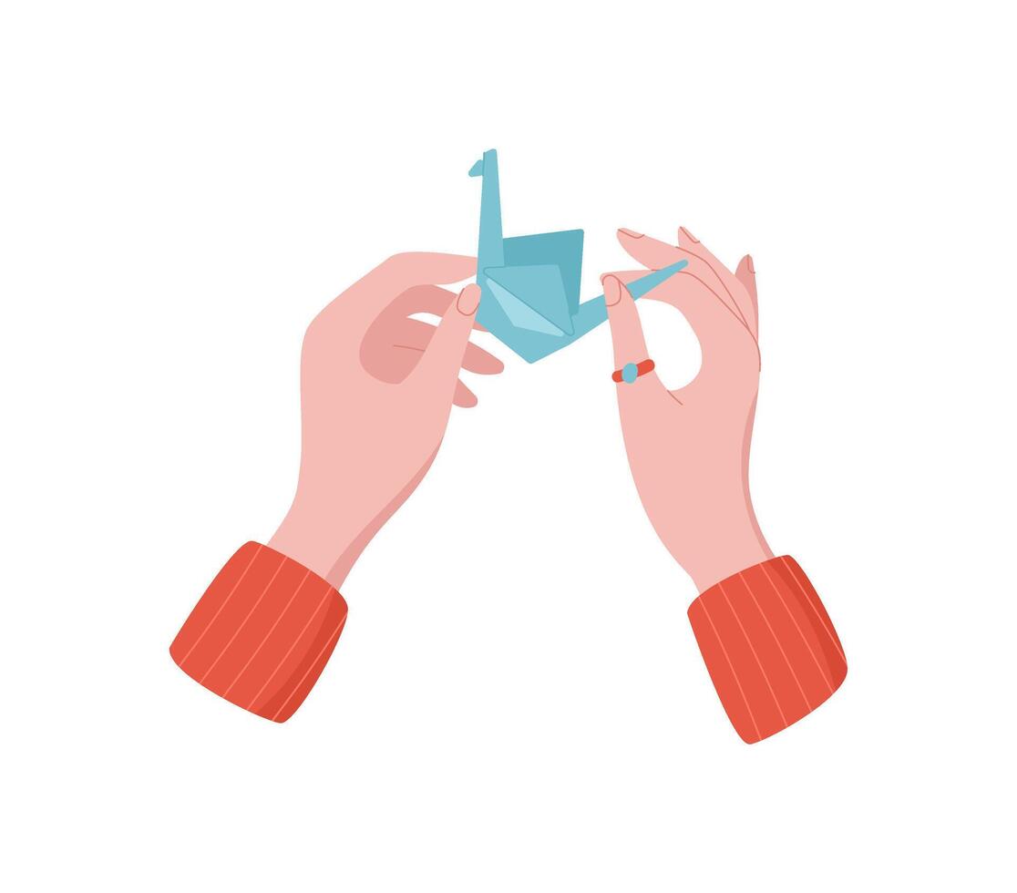 Hands making origami figure from paper in a creative school activity. Character engaging in fun craft, showcasing DIY concept, flat style, suitable for children's workshops and art classes. vector