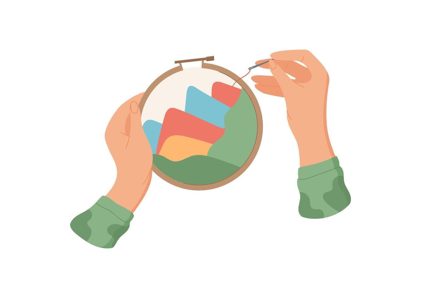 Hands engaging in craft sewing activity with needlework and embroidery. Creative hobby using tools for flat design. Suitable for DIY projects, workshops, and crafting events. vector