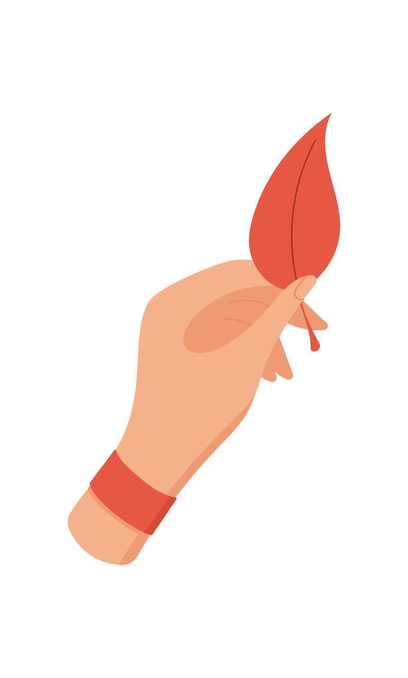 Hand holding a colorful leaf with a cute character in flat style. Concept of craft and creative activity, suitable for DIY projects and children's workshops. vector