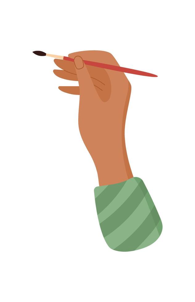 Hand holding a paintbrush, ready for creative activity in a workshop. Concept of DIY crafts and art, flat style character icon. Suitable for children and hobby themes. vector