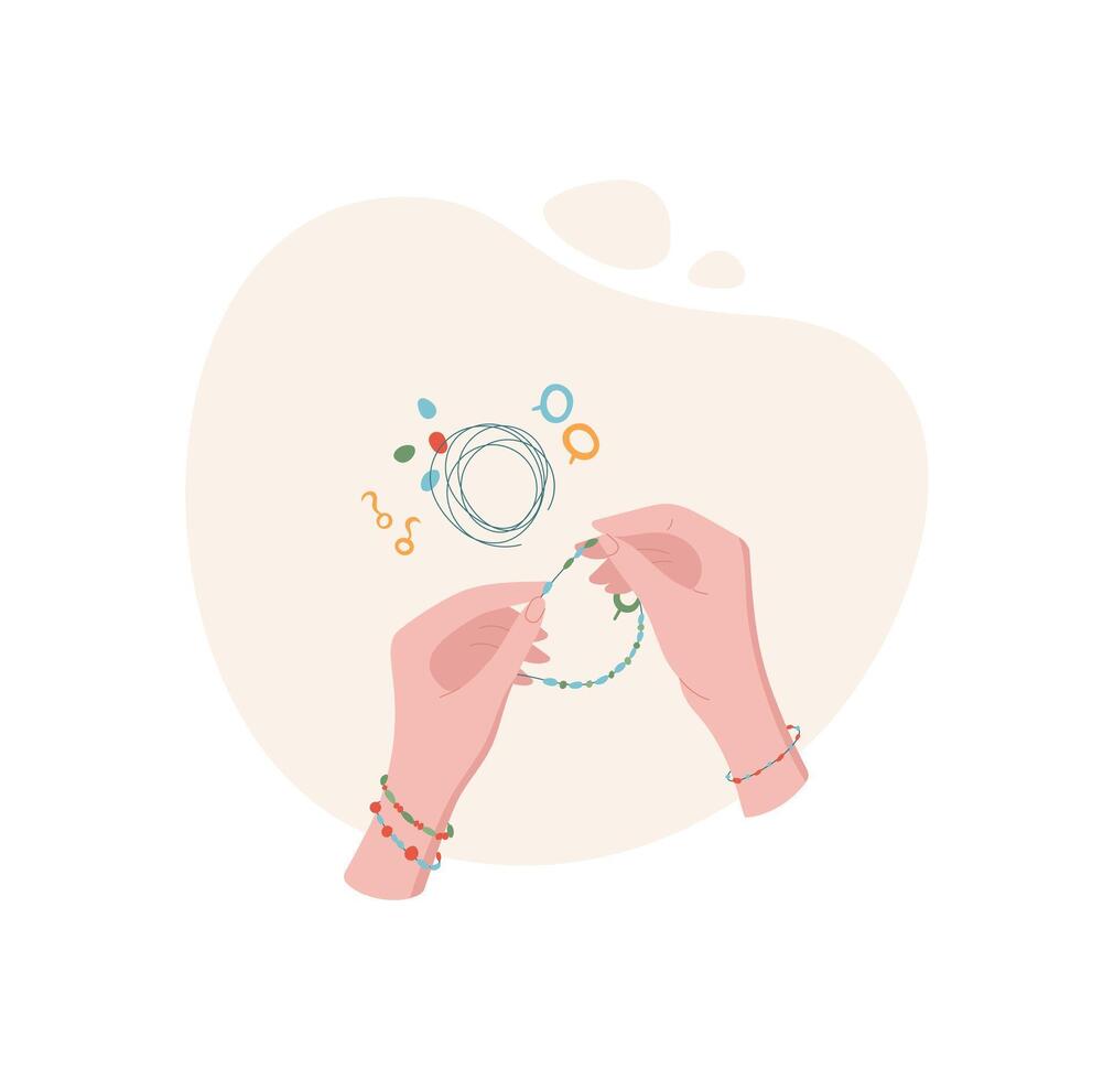 Woman's hands create a handmade bracelet using colorful beads and tools. DIY craft activity showcases hobby and creativity. Concept of craftwork, flat style, suitable for workshops or classes. vector