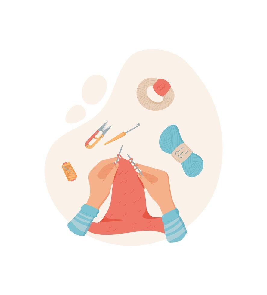 Hand sewing activity with colorful yarn and tools on a flat desk. Woman engages in DIY craft supplies for creative projects. Concept of crafting, hobby, and handmade artistry, suitable for workshops vector