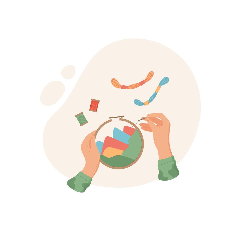 Woman engages in creative sewing activity with needlework kit on a flat surface. Concept of DIY and craftwork, colorful and cute design, suitable for art hobby projects. vector