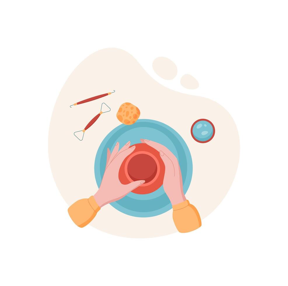 Woman hands create pottery in workshop with tools and equipment. Craft activity of handmade pottery making, DIY project. Concept of creative hobby, flat visual style, suitable for art classes or vector