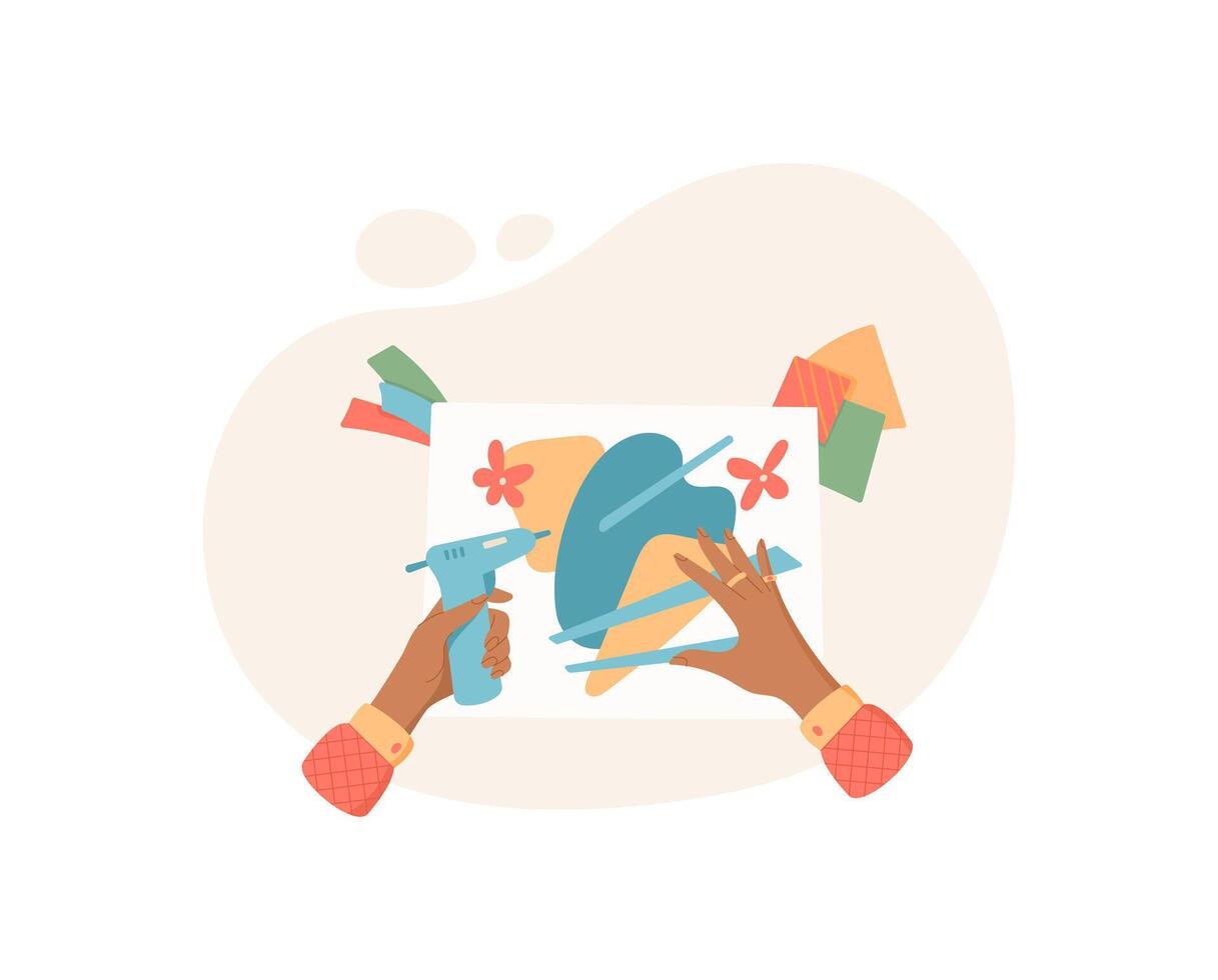 Hands engaged in a creative craft activity using glue and tools in a school workshop. Colorful elements scattered around the workspace. Concept of DIY, craftwork, and artistic expression. vector