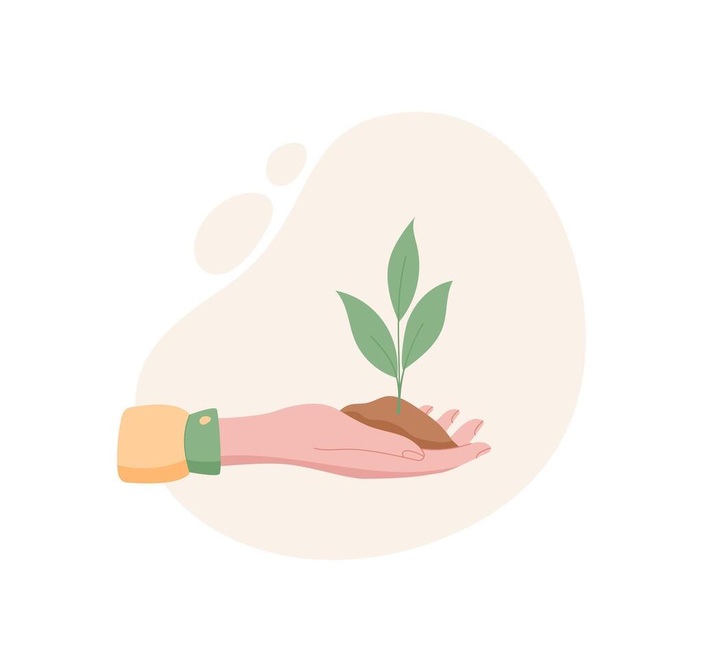 Hand holding plant sprout. Gesture of giving and receiving green element. Concept of nature, flat style, suitable for charity or environmental themes. vector