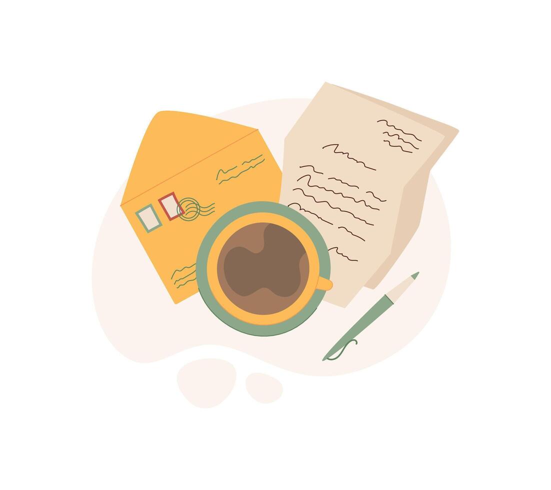 Coffee, letter and envelope with handwritten note, symbolizing love and holiday. Flat design of gift correspondence icon, suitable for greeting cards, romantic invitations, or personal messages. vector