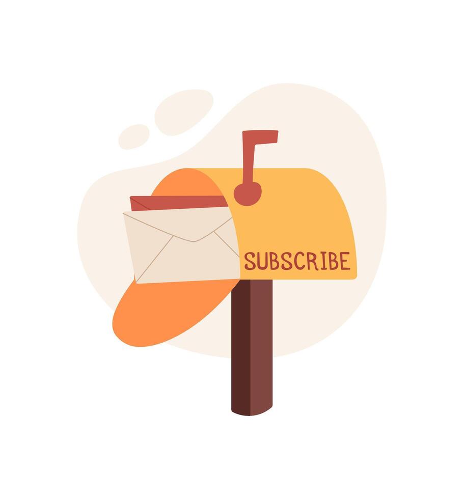 Cartoon mailbox with envelope and subscribe label. Flat design showcases message and note in a creative way. Concept of communication, delivery, correspondence, suitable for trendy stationery or vector