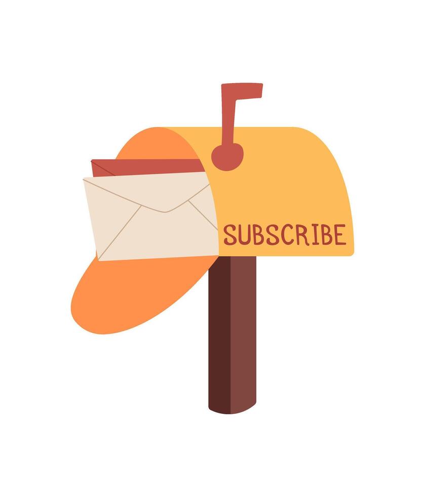 Cartoon mailbox with envelope and letter, delivering message to subscribe. Concept of mail, communication, and delivery, flat style, suitable for marketing or online content. vector