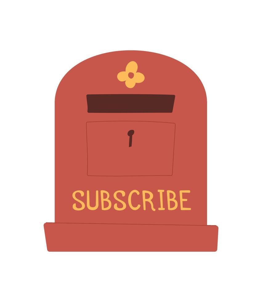 Vintage mailbox with a flower design and the word 'subscribe.' Cartoon illustration of a postal box, envelope, note, and card. Concept of communication, correspondence, creative delivery. vector