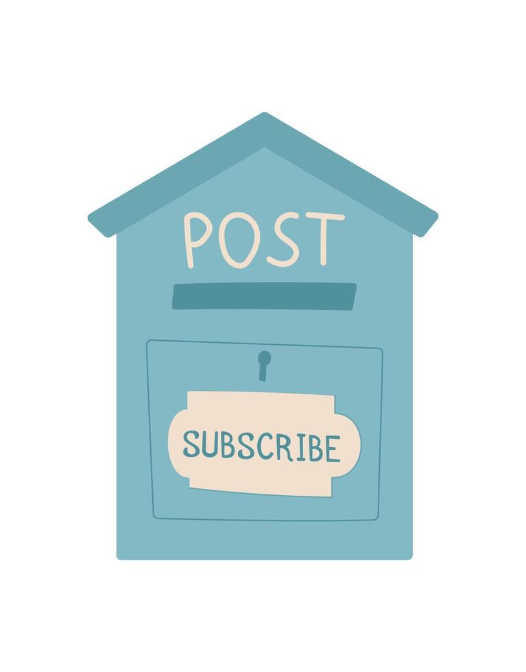 Flat cartoon mailbox or postbox with subscribe label and note for messages. Concept of mail delivery, message, and communication, creative style, suitable for digital or print media. vector