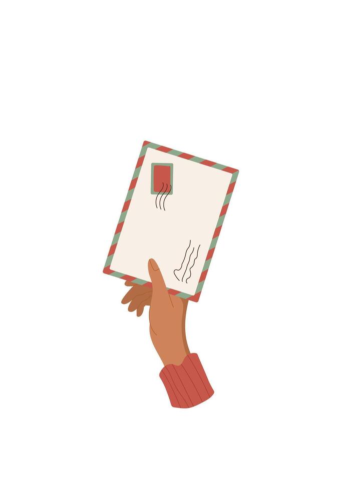 Hand holding a letter and envelope with stamp. cartoon graphic style of mail and message delivery. Concept of communication love, suitable for holiday greetings stationery needs. vector