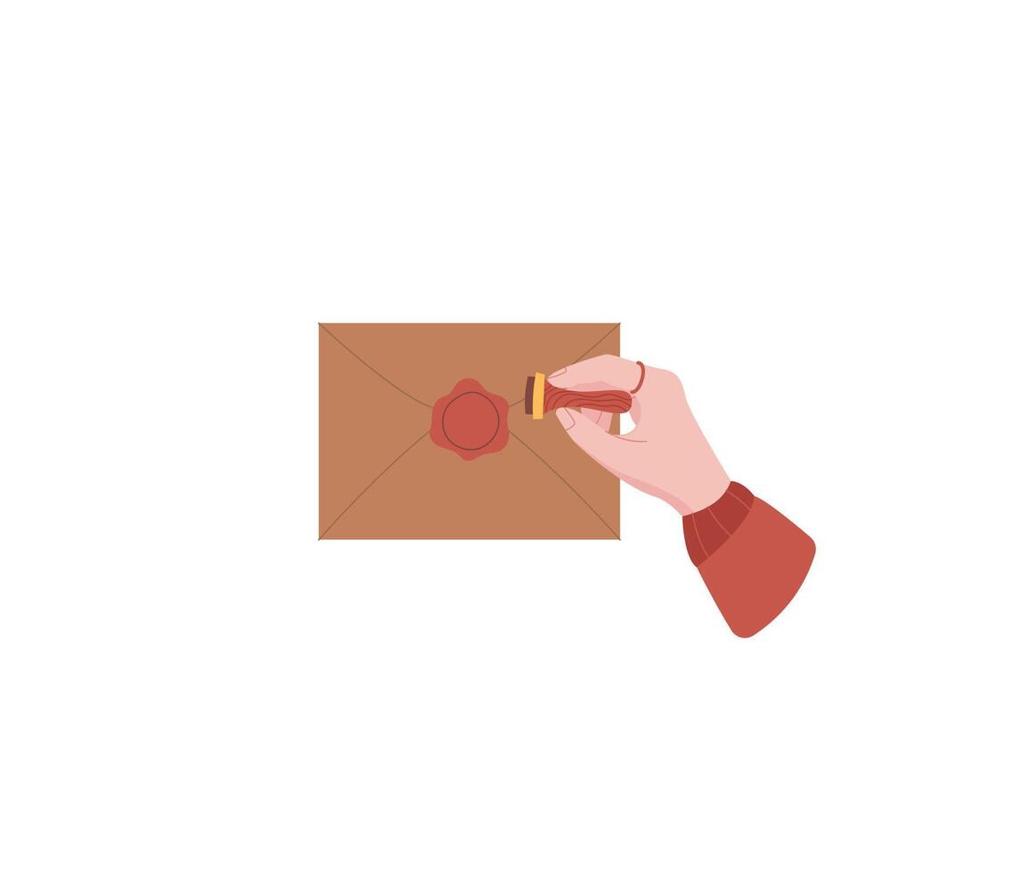 Flat envelope with wax seal and letter held in hand. Creative postal message and handwritten note. Concept of correspondence, love, communication, ideal for stationery themes. vector