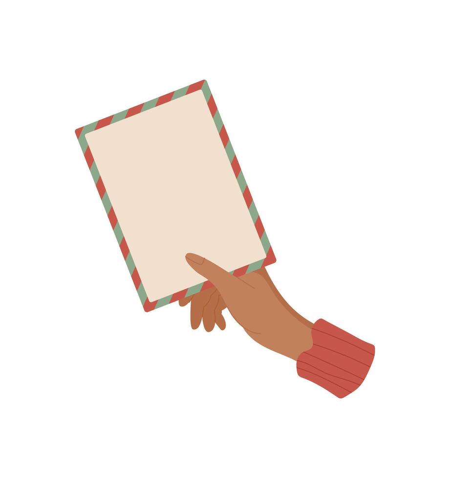 Hand holding a vintage letter card with envelope, ready to send a message. Concept of love and correspondence, flat stationery style, ideal for invitations and creative communication. vector