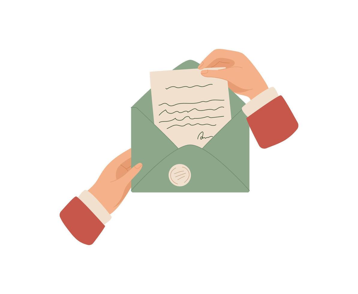 Hand holding an envelope with a handwritten letter and note inside. Flat cartoon graphic style, concept of love, communication, and correspondence. Ideal for stationery greeting card designs. vector