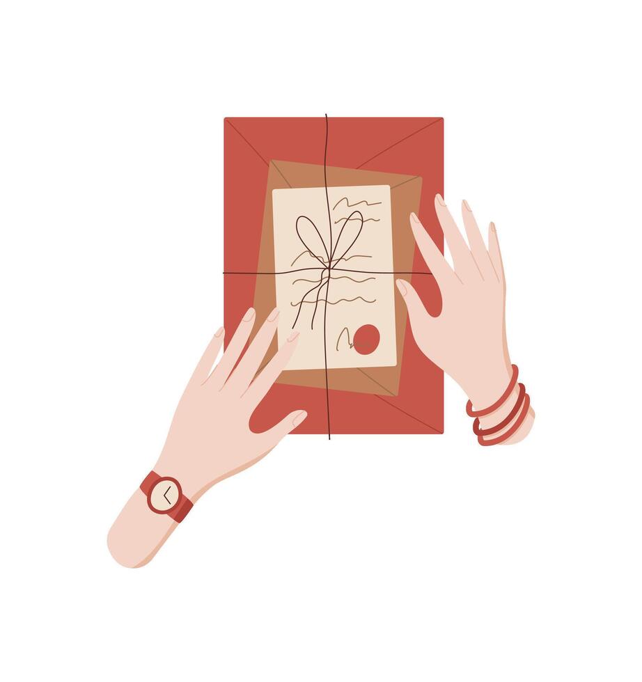 Hand hold flat envelope with handwritten letter and love note. Gift message sealed with a creative seal. Concept of correspondence, communication, and heartfelt expression. vector