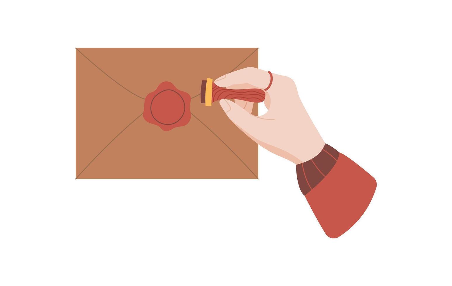 Woman hand sealing letter with wax seal on envelope. Flat design of handwritten message and postal elements. Concept of communication, love, and holiday themes, suitable for invitations or greeting vector