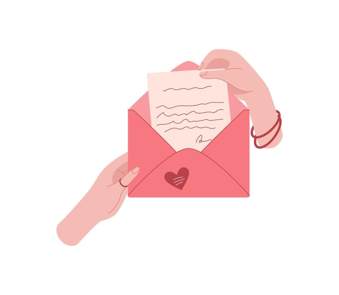 Romantic girl holding flat envelope with handwritten message. Cute card for holiday celebration and special occasions. Concept of love, romance, and expression of feelings in a creative way. vector