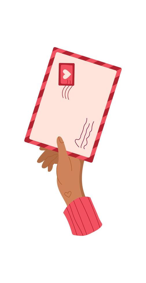 Cute girl hold pink valentine card in hand with heart message. Happy expression celebrates love on special day. Concept of romance, communication, delivery, flat style, suitable for holiday vector
