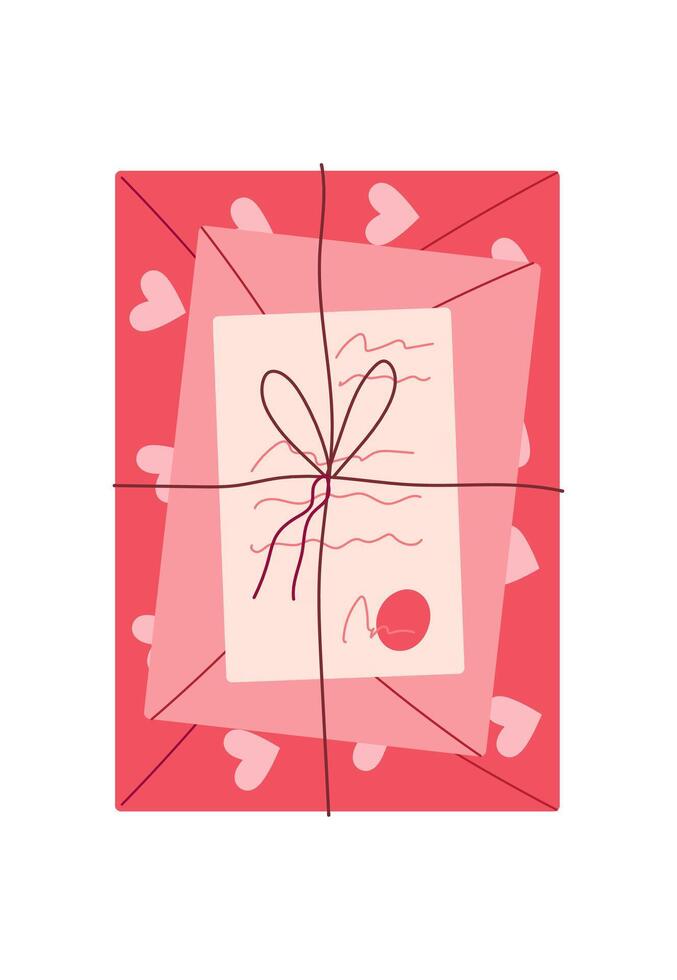 Flat pink card decorated with hearts, representing love and romance. Handmade envelope holding a valentine note and message. Concept for expressing feelings in postal delivery for valentine day. vector