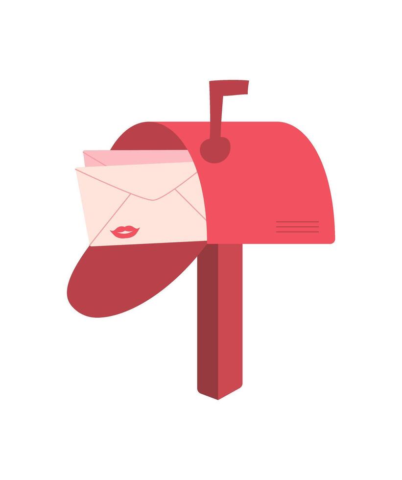 Cartoon mailbox with a heart envelope and romantic love message inside. Concept of cute postal communication, celebration, and delivery. Ideal for Valentine's Day romantic invitations. vector