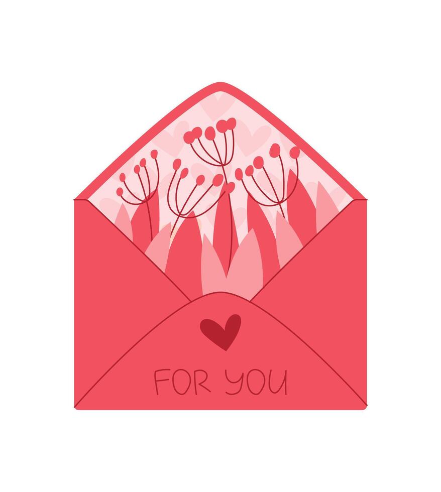 Cute valentine card with heart and flower design inside envelope. Pink card holds message and handwritten note for loved ones. Concept of love, celebration, romantic holiday, ideal for greetings. vector