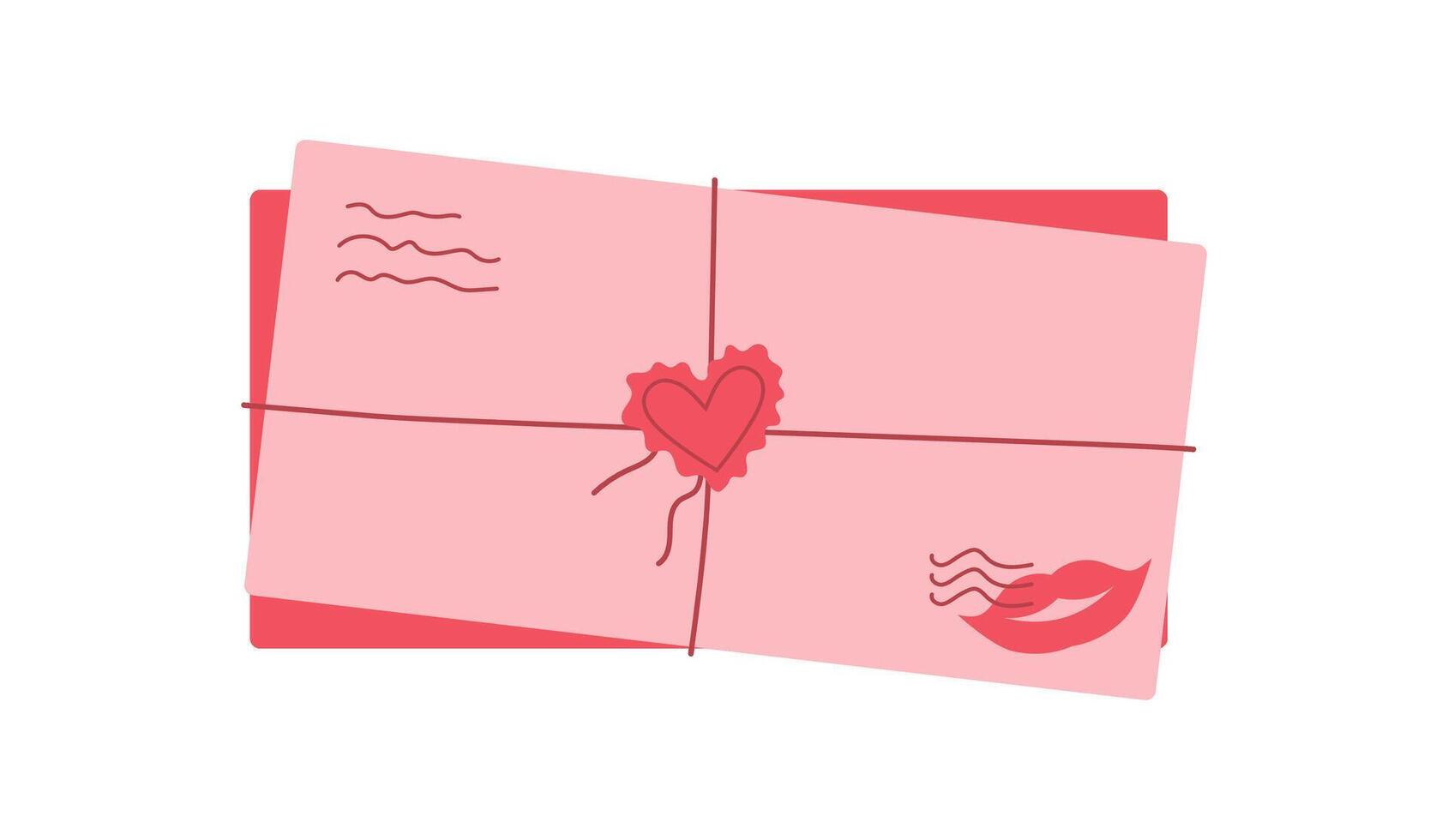 Flat valentine card with heart and love message, surrounded by envelope and mail detail. Cute design for romantic celebration, greeting or invitation. Perfect for sending love notes or letters. vector