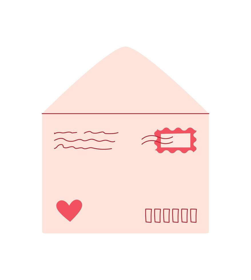 Cute envelope with heart, pink postcard design. Romantic message card for valentine's day. Concept of love, celebration, holiday, flat style, suitable for invitations and greetings. vector