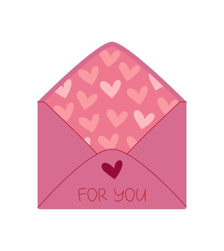 Pink envelope with heart pattern holds romantic card and message. Cute design suitable for greeting and valentine celebration, flat style, perfect for holiday correspondence or invitations. vector