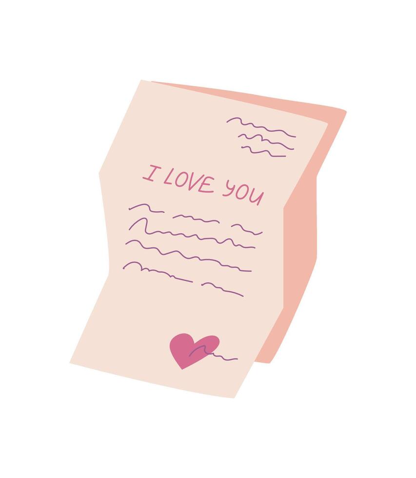 Flat love card and envelope with handwritten note and message. Romantic girl's cute expression for special occasions. Concept of celebration, valentine, heartfelt communication. vector