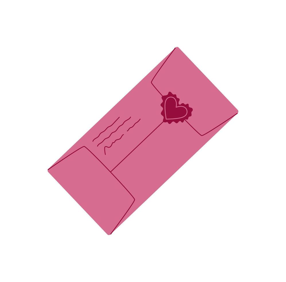 Pink envelope with heart seal holds romantic message or valentine letter. Cute love note for celebration day, ideal for greeting cards and creative mail invitations. Perfect holiday designs. vector