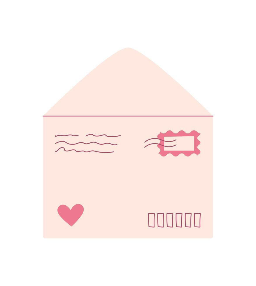 Flat pink envelope with heart and cute valentine card, crafted for sending love messages. Concept of romantic correspondence, holiday celebration, and heartfelt greetings. Suitable for invitations vector