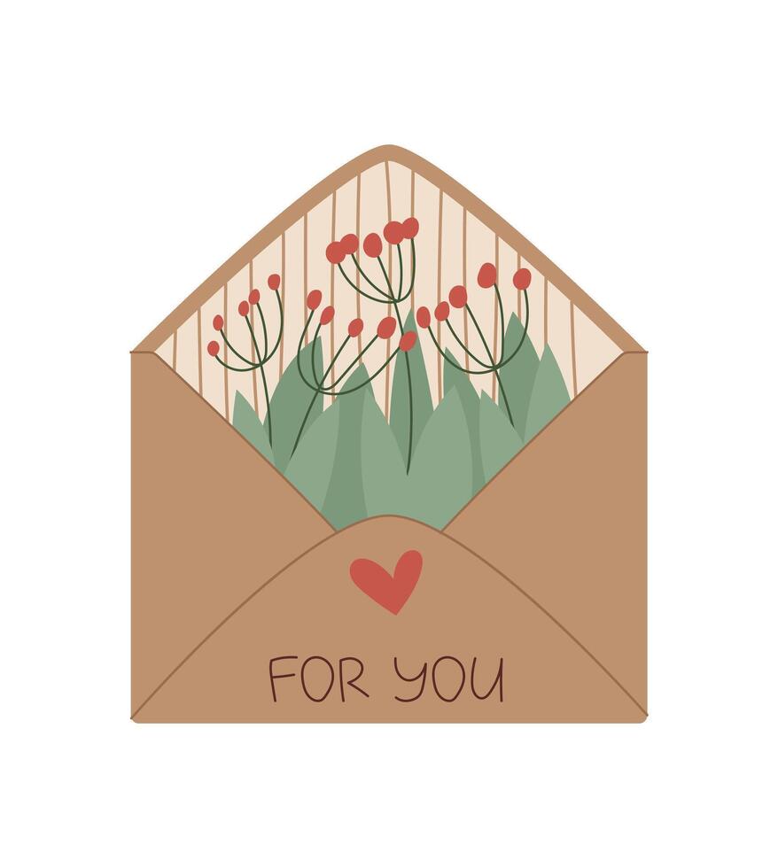 Flat envelope with flower design and love note. Romantic card featuring a heart icon and handwritten message. Ideal for greeting, holiday correspondence, creative stationery themes. vector