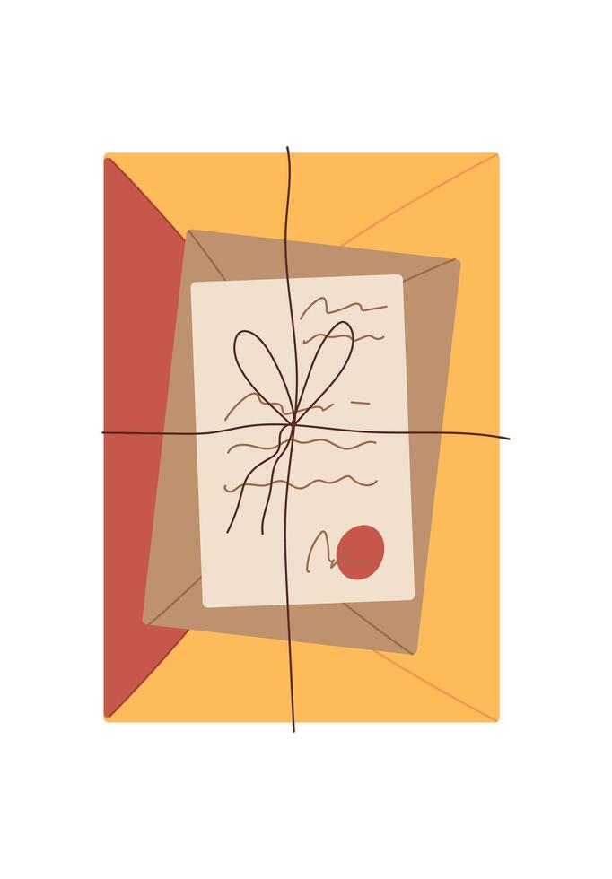 Handwritten letter and vintage envelope with seal, accompanied by a postcard and note. Concept of love, communication, correspondence, flat cartoon graphic style, ideal for romantic invitations vector
