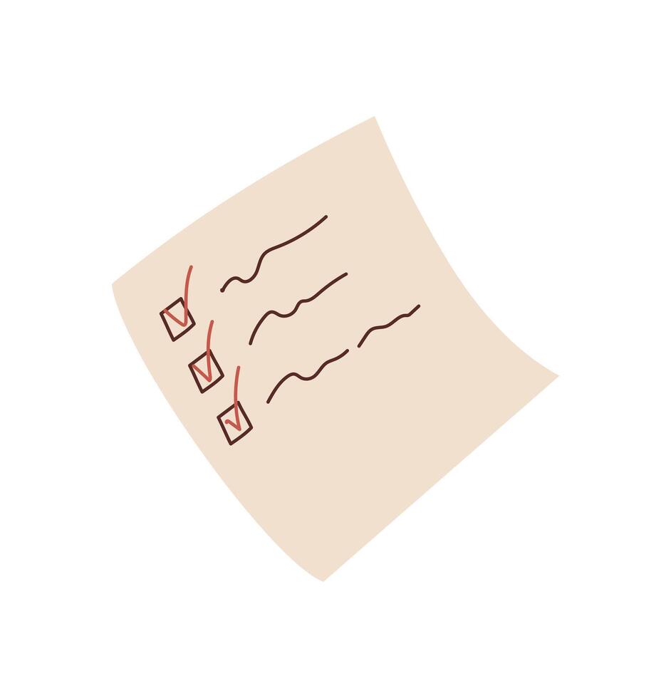 Note on paper with checklist marks and simple message. Doodle style design with icon representing document and communication. Suitable for stationery, flat projects, creative correspondence. vector