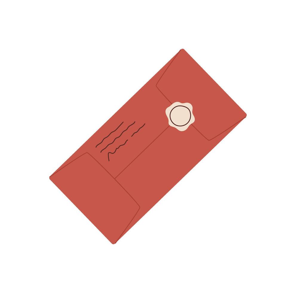 Flat vintage envelope with a seal and letter inside. Creative mail design, ideal for sending messages or invitations. Concept of correspondence, love, and communication. vector