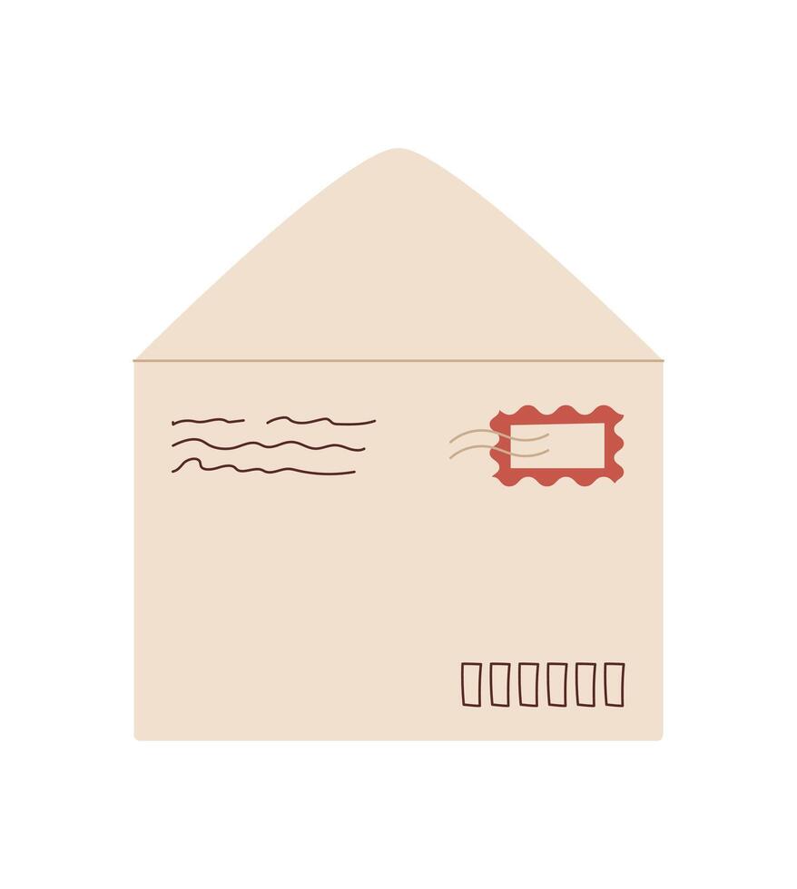 Flat envelope with a stamp and post details. Vintage design of mail featuring a message and icon. Ideal for creative stationery, invitations, communication themes. vector