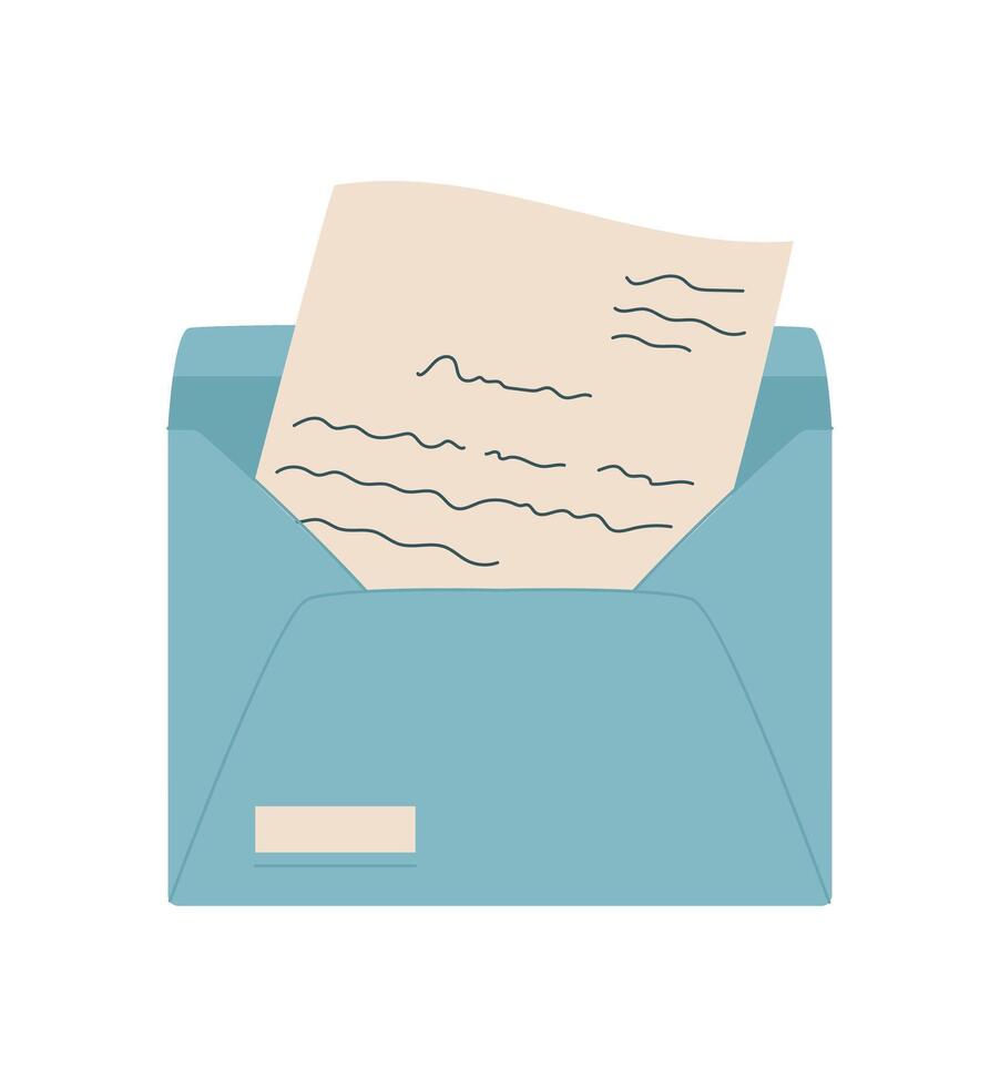 Handwritten letter inside blue envelope with wavy lines on paper. Creative note for communication and mail delivery, flat cartoon graphic style. Suitable for stationery or greeting card designs. vector