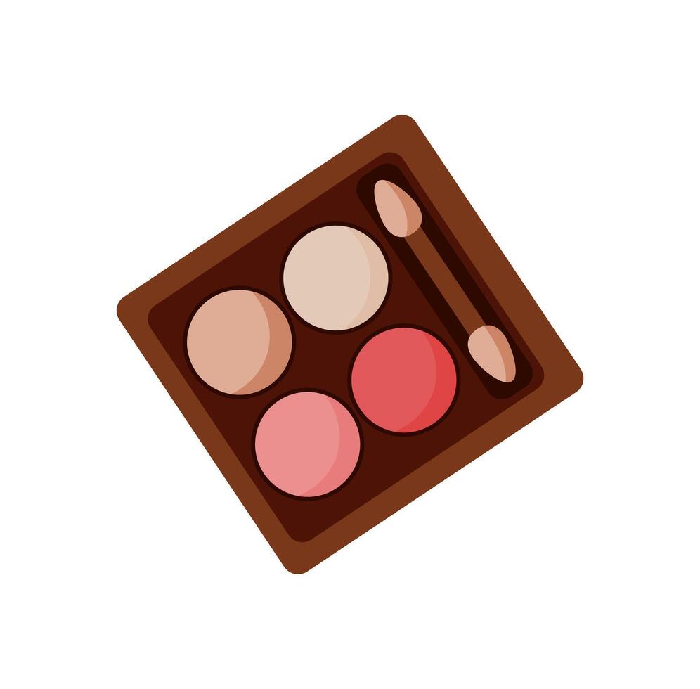 Flat makeup palette with cream and powder colors, including a brush for application. Ideal for fashion and beauty themes, this colorful cosmetic product enhances skincare hygiene routines. vector