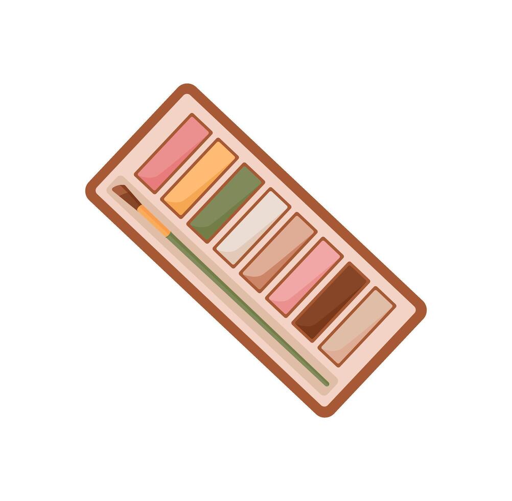 Woman makeup palette with a brush, showcasing beauty and cosmetic products like lotion. Flat graphic representation of spa essentials. Ideal for beauty, skincare, and fashion themes. vector
