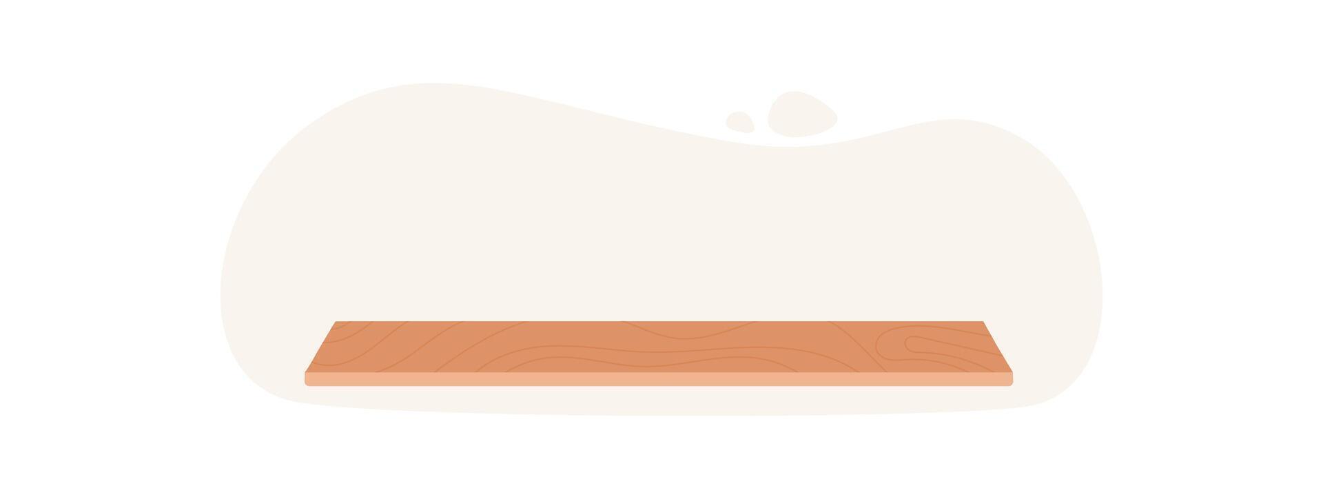 Simple flat wooden shelf against a clean background. Modern design for cosmetic and spa products. Ideal for showcasing beauty and skincare items in an eco context. vector