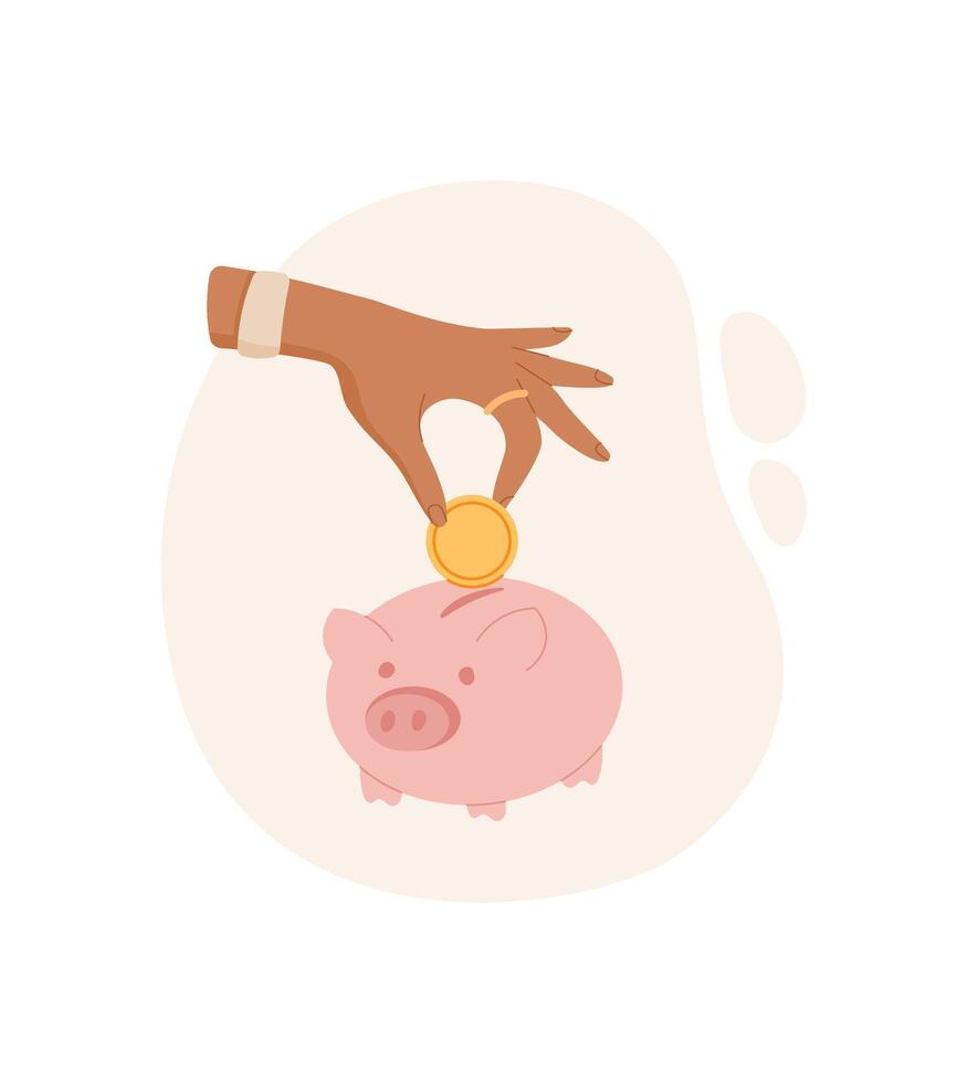 Hand holding a coin for a piggy bank. Gesture to save cash in piggy bank. Cartoon style graphic, financial concept, suitable for economy or payment related content. vector