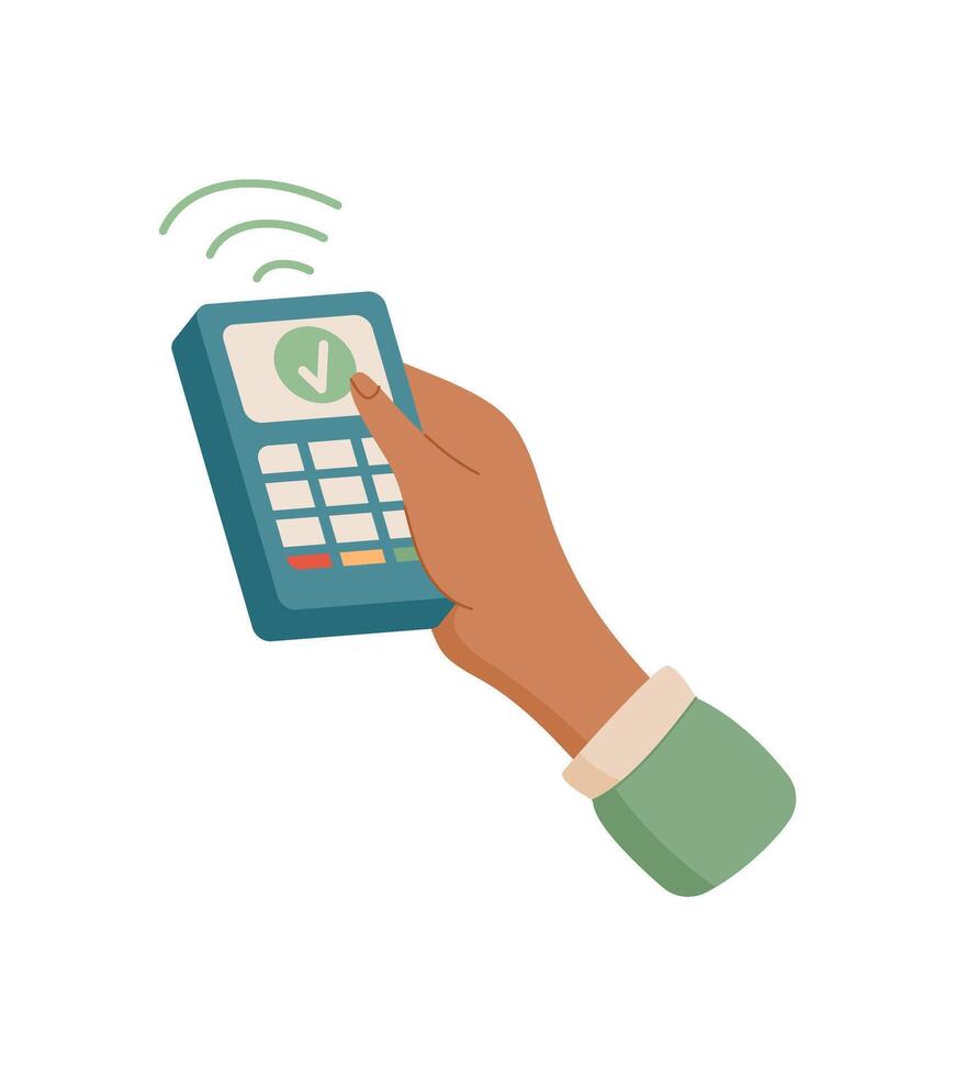 Hand holding a sale terminal. Female hand holds a digital payment device. Payment transfer, business concept, flat style, ideal for financial economy. vector