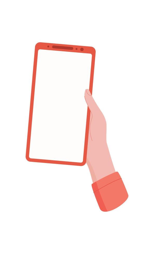A hand holds a smartphone with a blank template screen. A user showcases mobile device in gesture of interaction. Ideal for presenting apps, this flat design highlights modern technology and vector